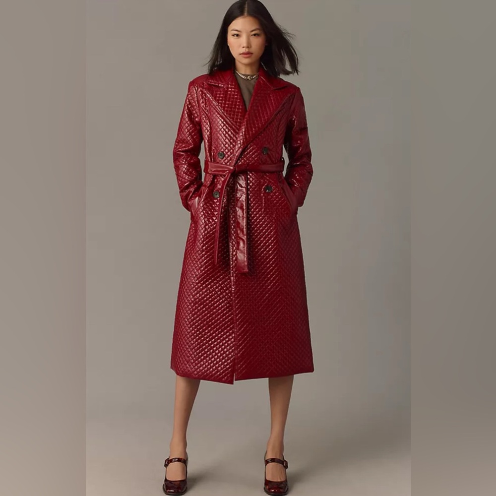 Avec Les Filles Shiny Red Quilted Trench Coat
